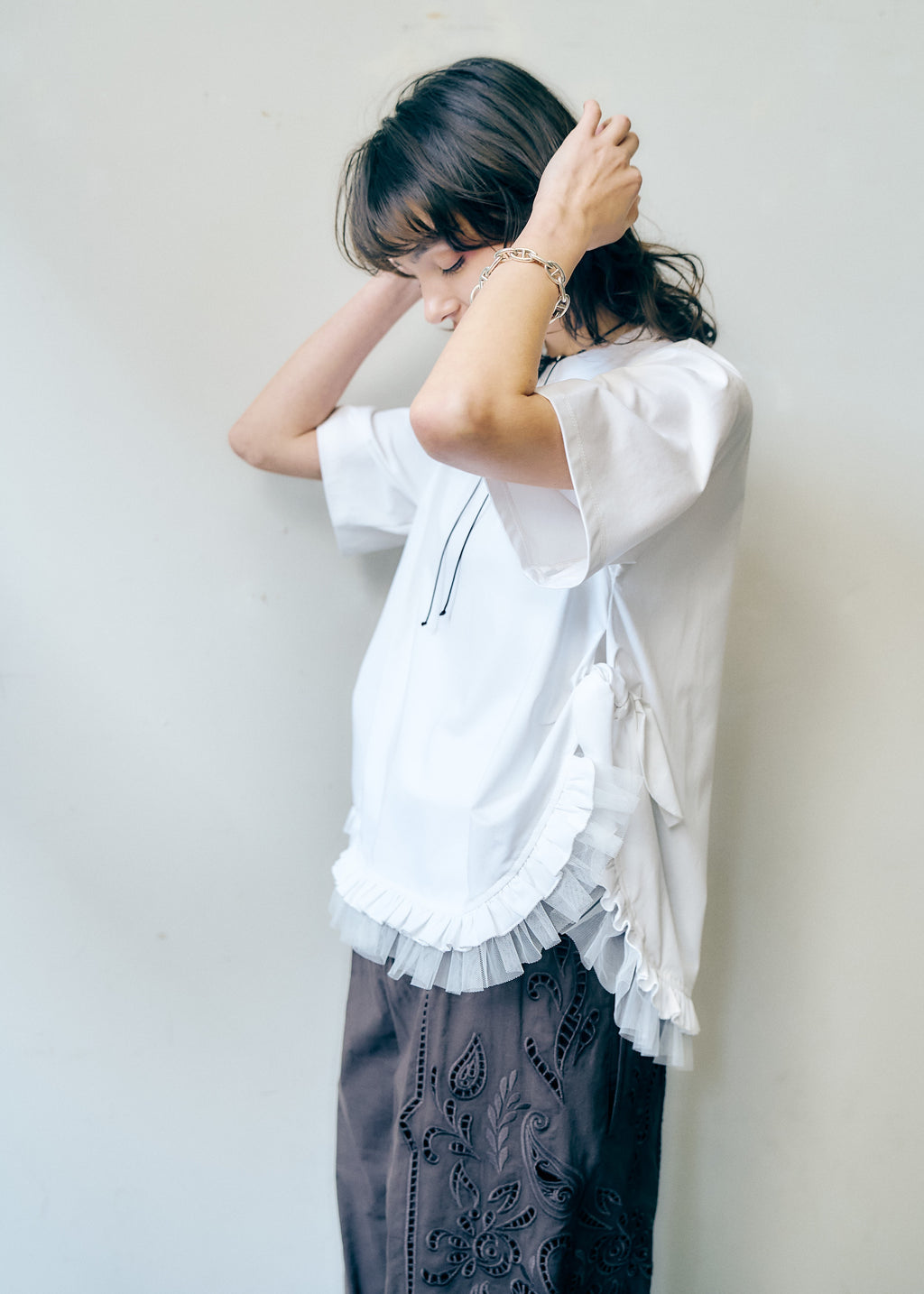 リボン&チュールフリル半袖カットソー