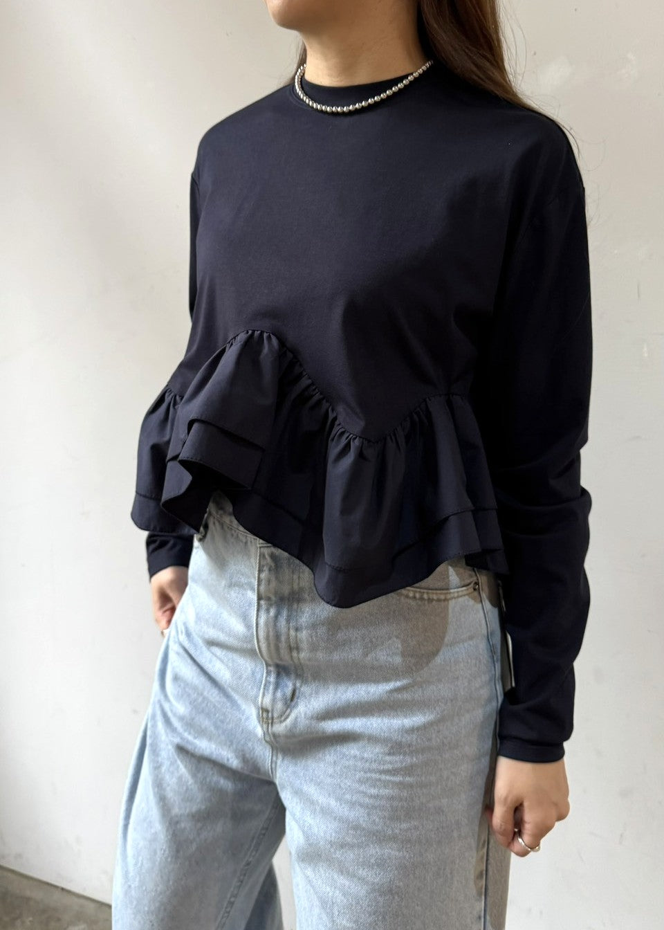 【再販】長袖カット×布帛ウェービーラッフルカットソー