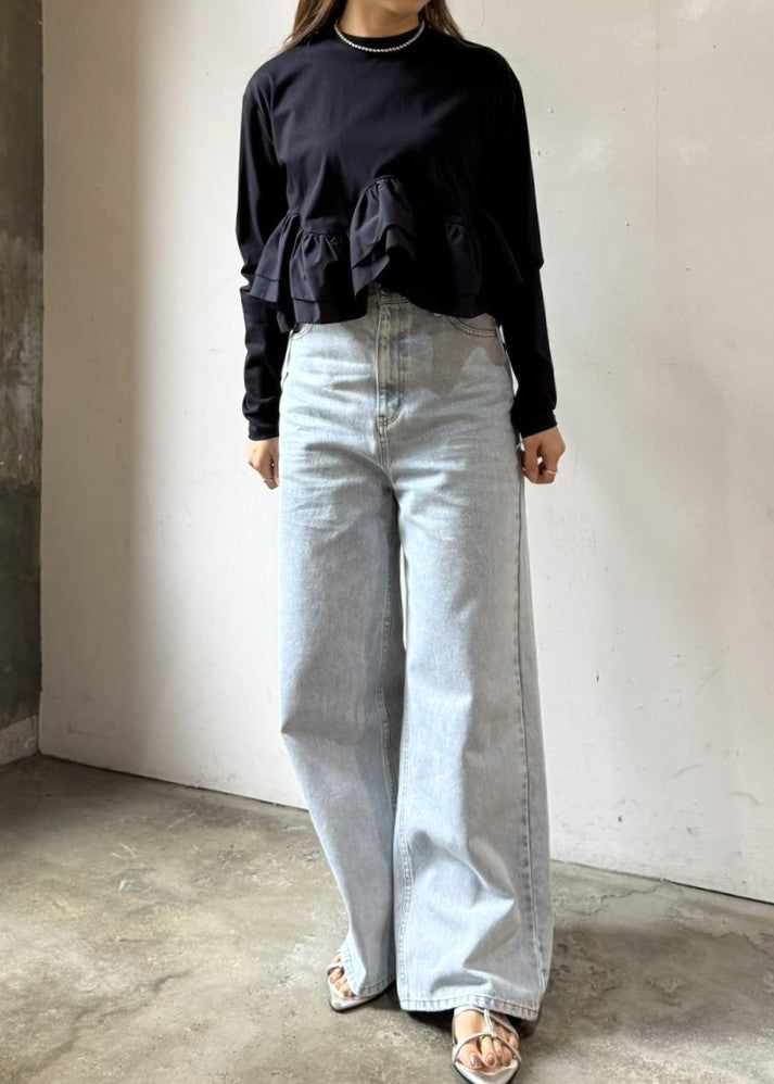 【再販】長袖カット×布帛ウェービーラッフルカットソー